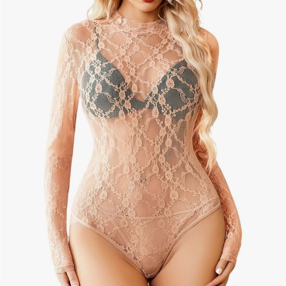 NWT Avidlove Lace Bodysuit Sexy Mock Neck Top Sheer Long Sleeve Shirts size L